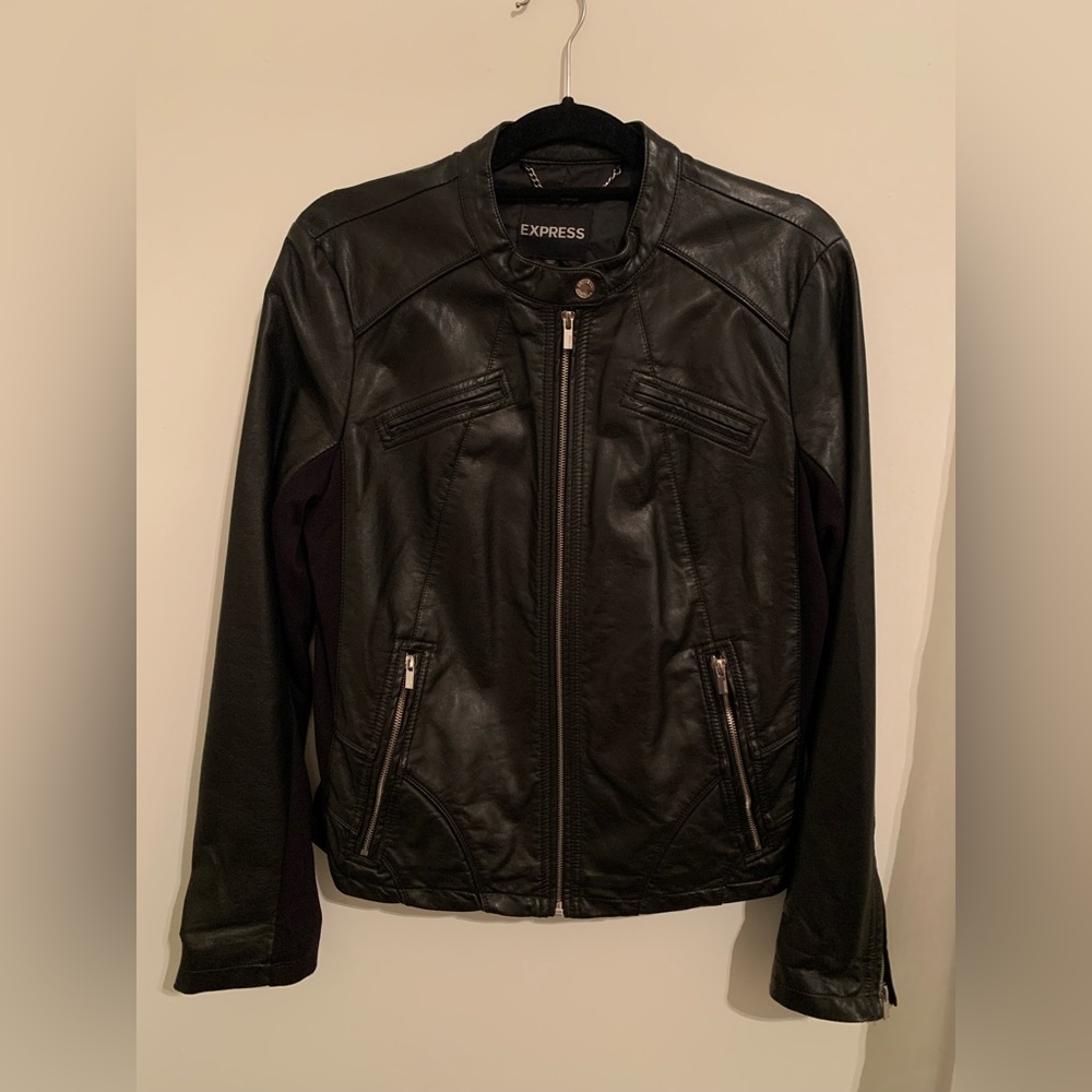 Express Women’s black faux leather jacket size L